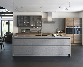 Futura Shown in Concrete and Tobacco Oak Contemporary Kitchens