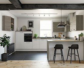 White Slab and Oak Grey Slab Contemporary Kitchens